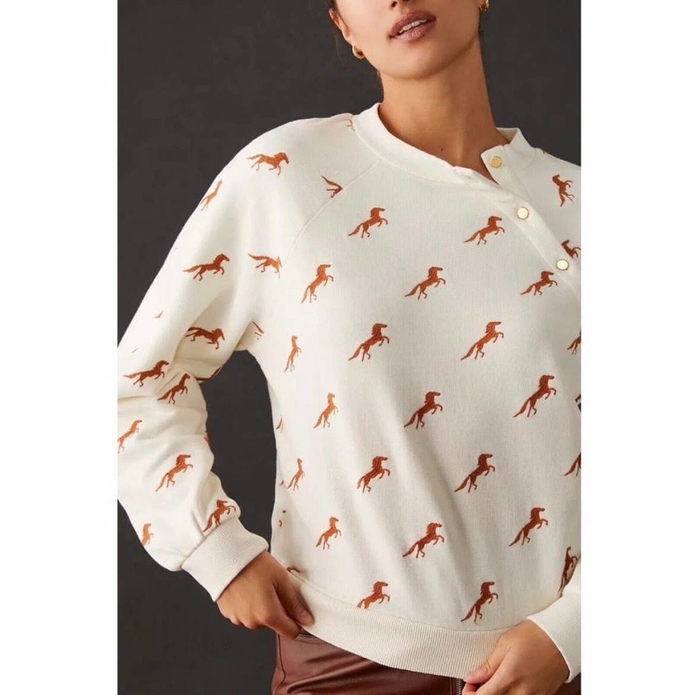 Anthropologie Cream Sweatshirt with Brown Horse Print - Picture 2 of 11